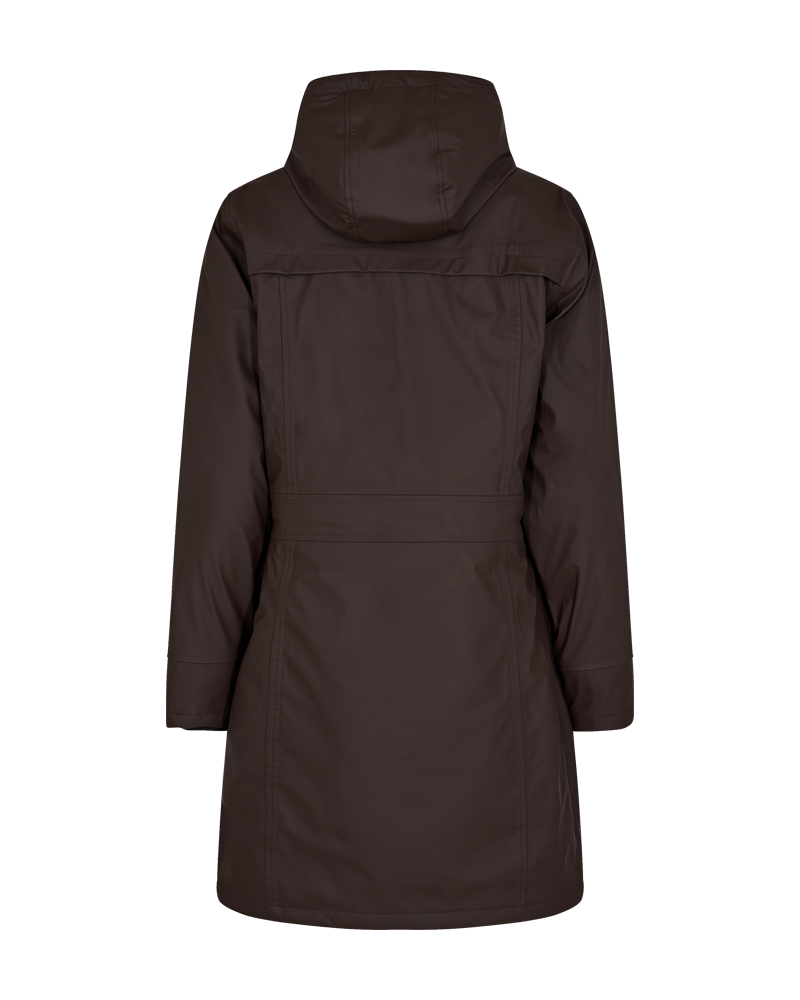 Freequent Rain Jacket in chocolate, back view
