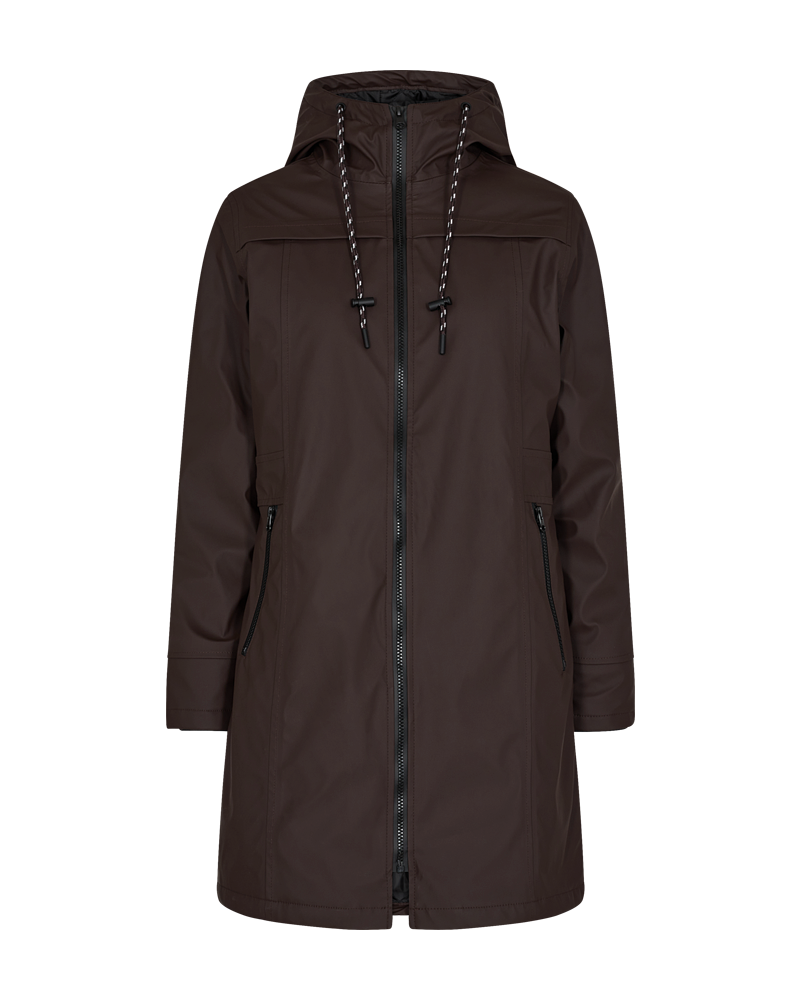 Freequent Rain Jacket in chocolate, front view