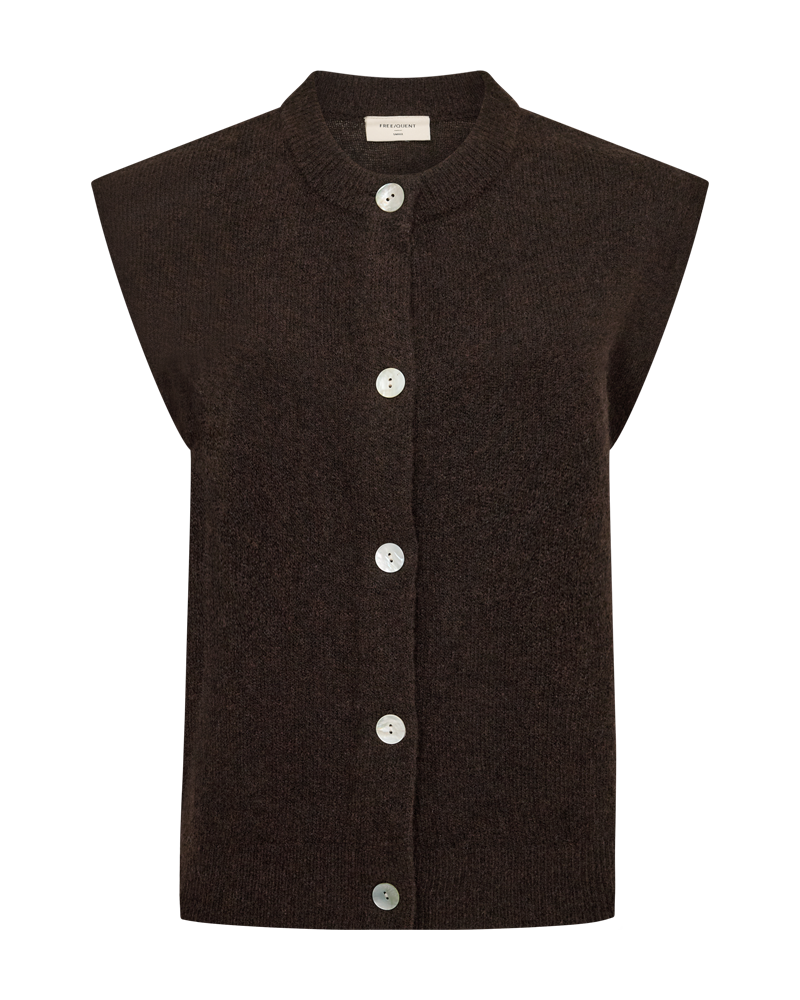 Freequent Alpa Vest in chocolate, front view