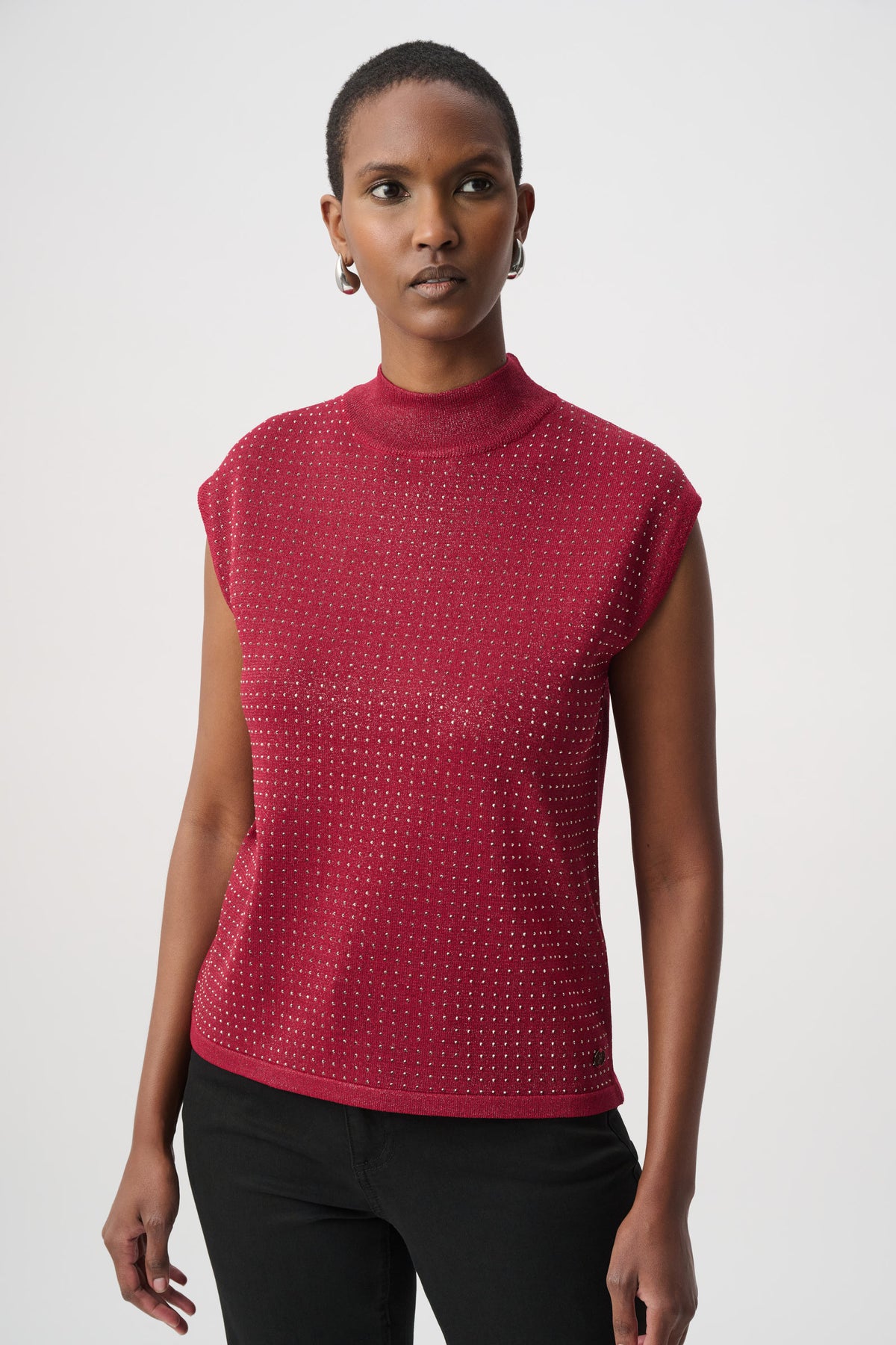 Joseph Ribkoff Embellished Sparkly Sleeveless Sweater in Deep Cherry