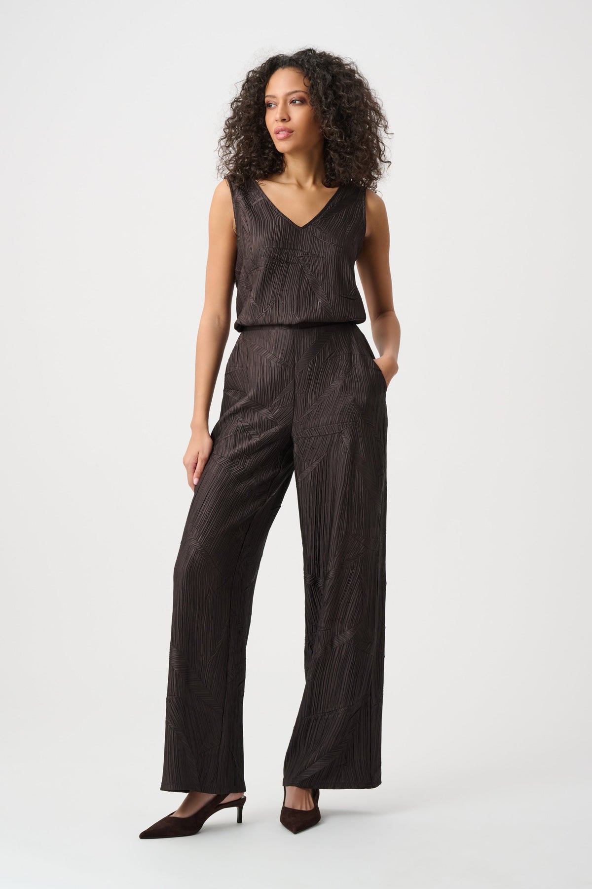 Joseph Ribkoff Mocha Pleated Satin Wide Leg Trousers