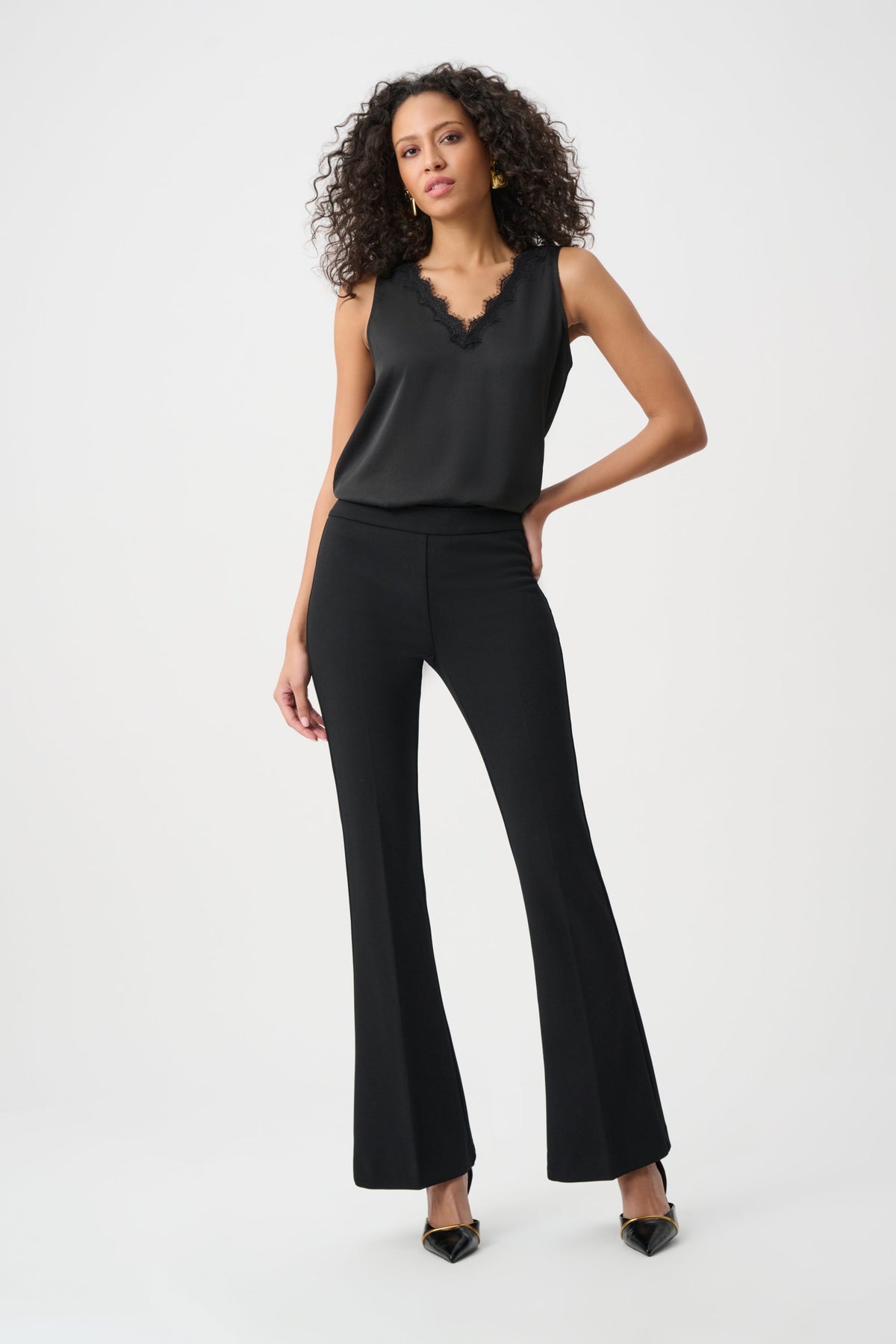 Joseph Ribkoff Black Lace Trim Satin Top
