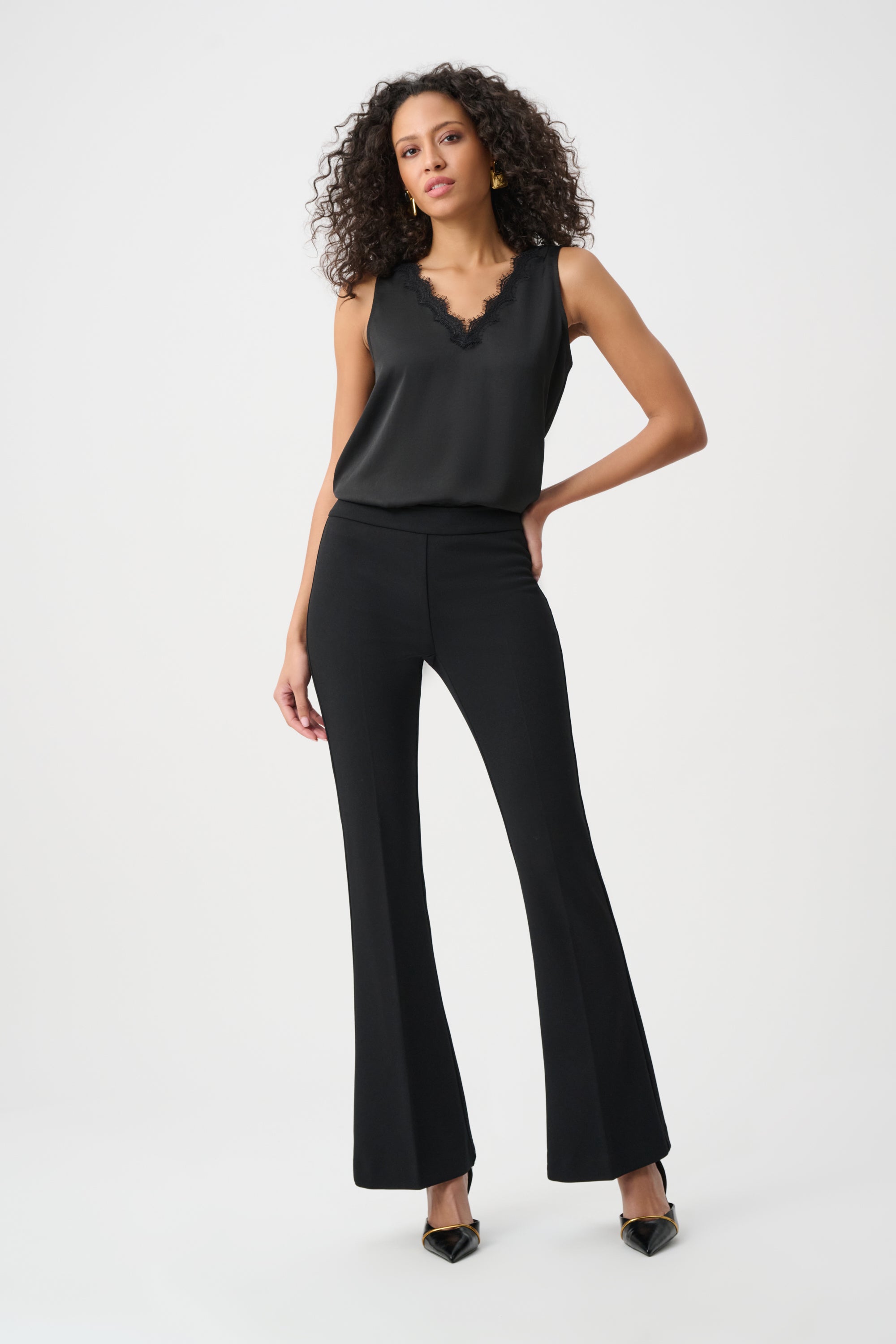 Joseph Ribkoff Black Lace Trim Satin Top