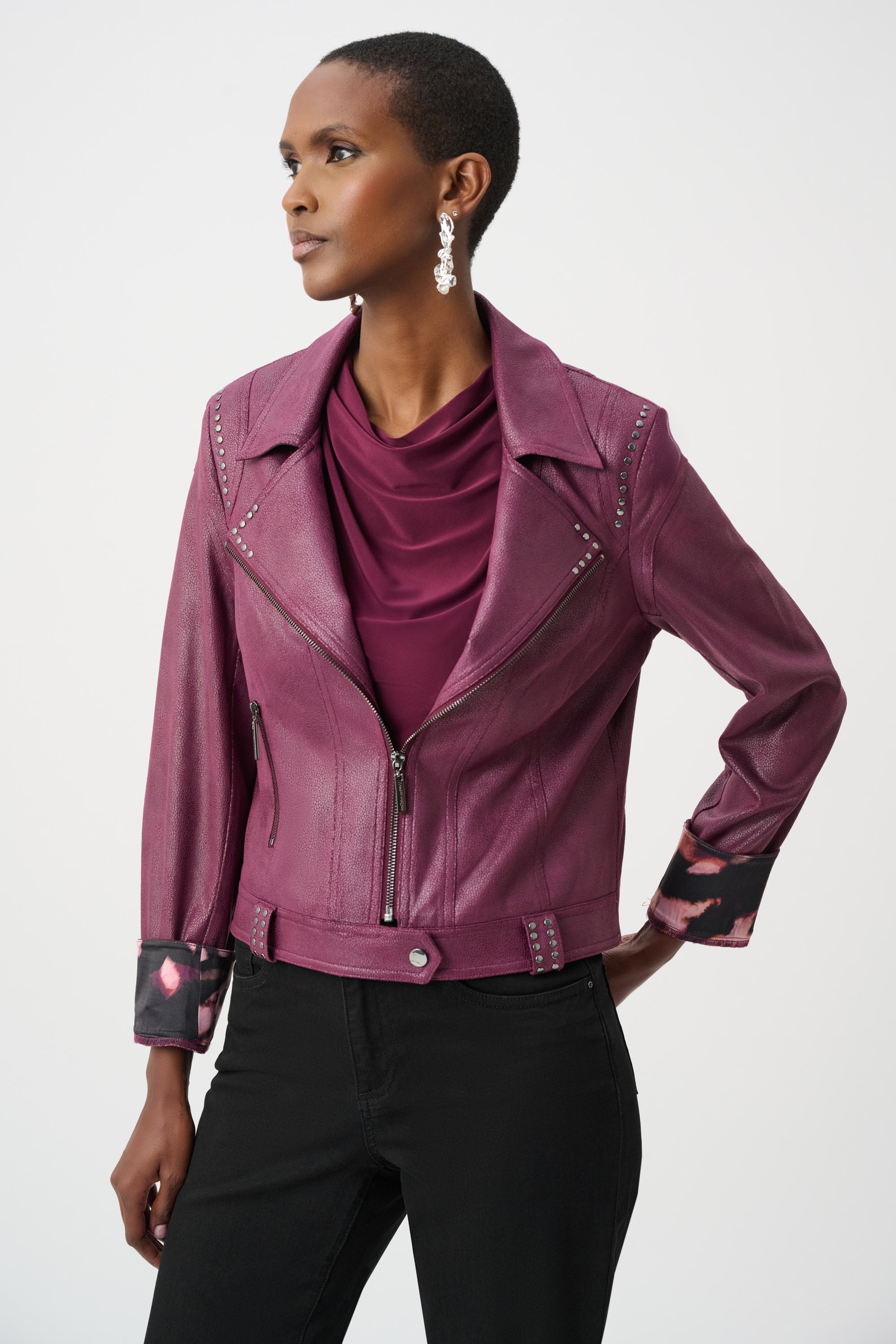 Joseph Ribkoff Foiled Faux Suede Fitted Jacket in Elderberry