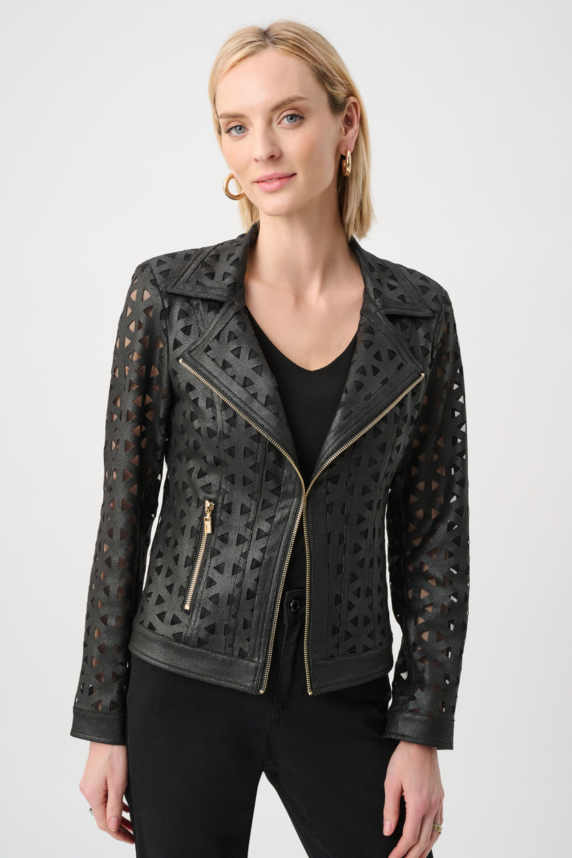 Joseph Ribkoff 263910 black faux suede and mesh moto jacket, front view