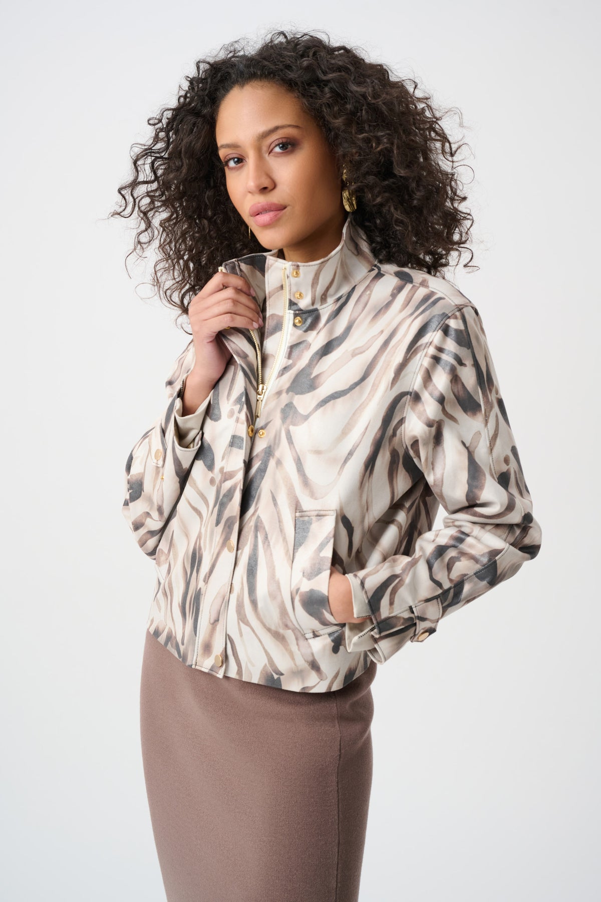 Joseph Ribkoff Foiled Faux Suede Animal Print Jacket in Beige/Multi