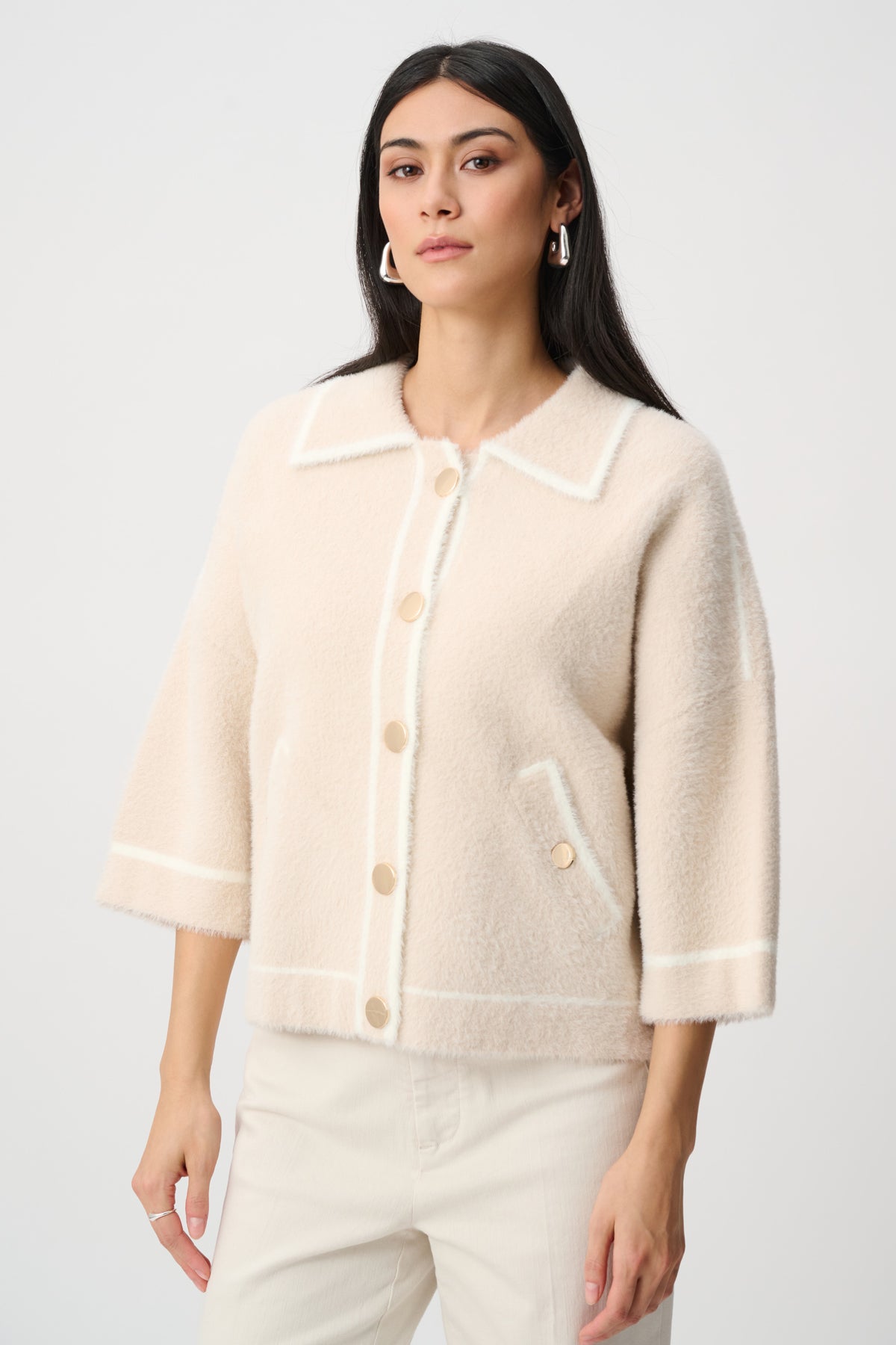 Joseph Ribkoff feather yarn knit boxy jacket in Oatmeal/Winter White, view 1