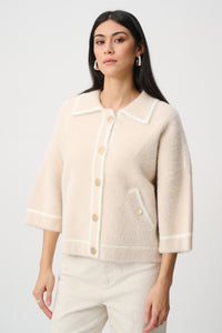 Joseph Ribkoff feather yarn knit boxy jacket in Oatmeal/Winter White, view 1