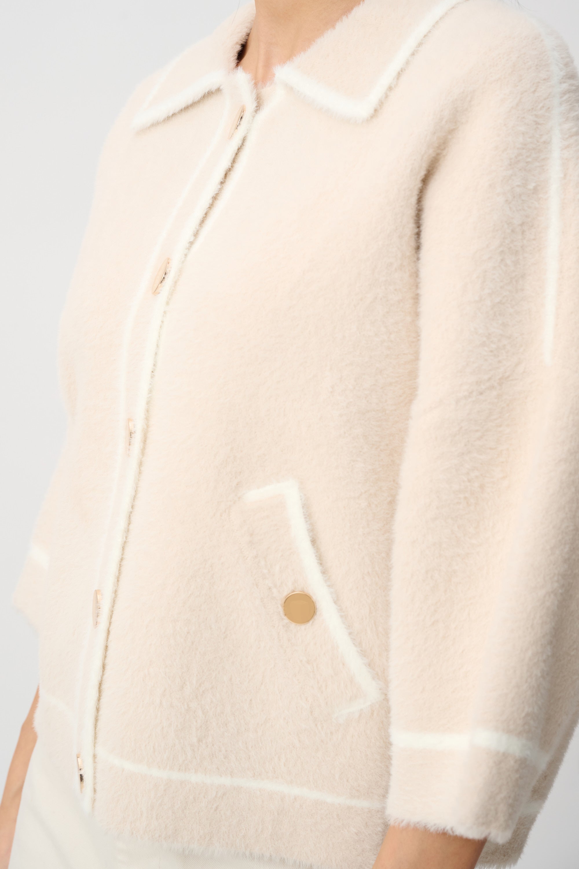 Joseph Ribkoff feather yarn knit boxy jacket in Oatmeal/Winter White, view 2