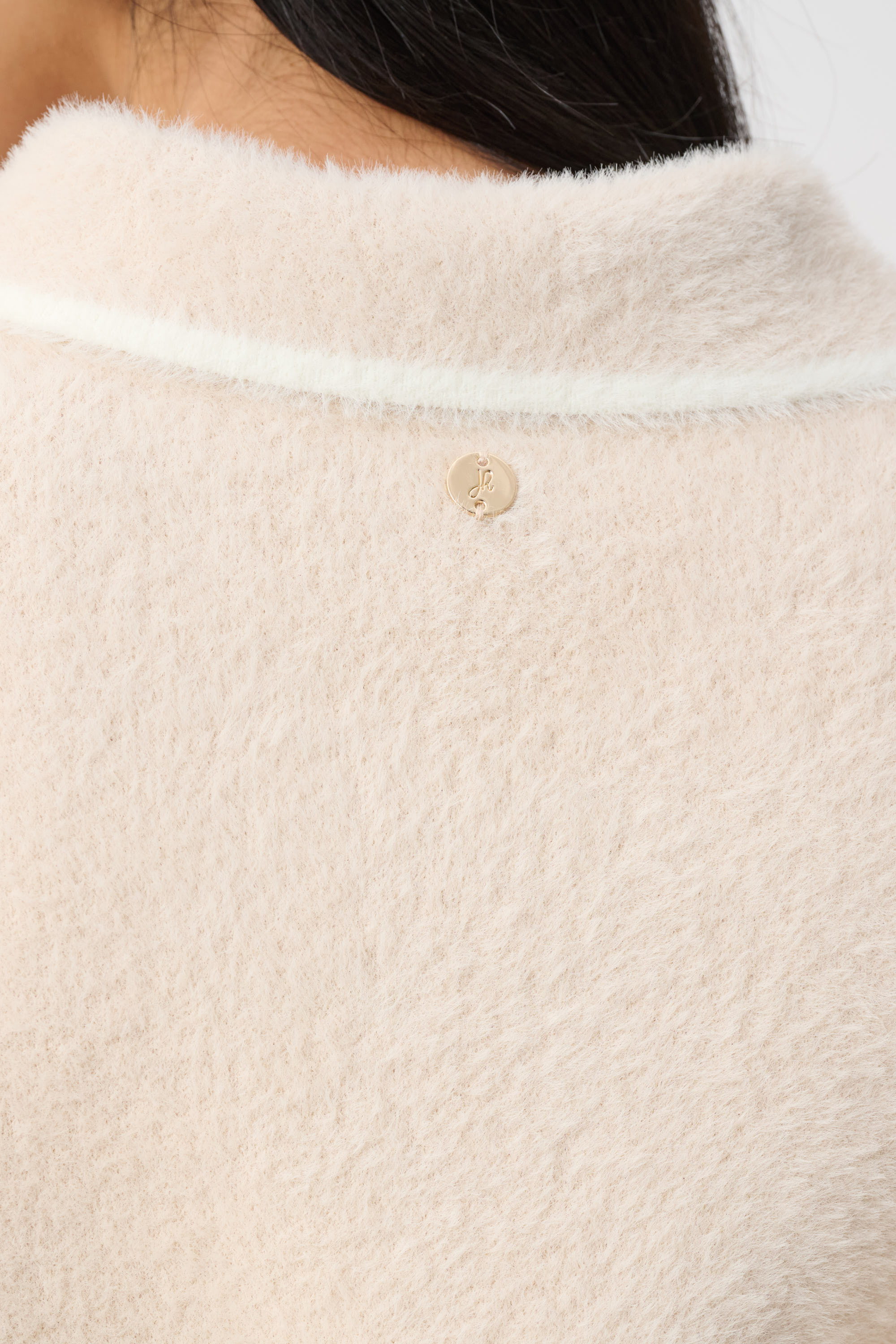 Joseph Ribkoff feather yarn knit boxy jacket in Oatmeal/Winter White, view 3