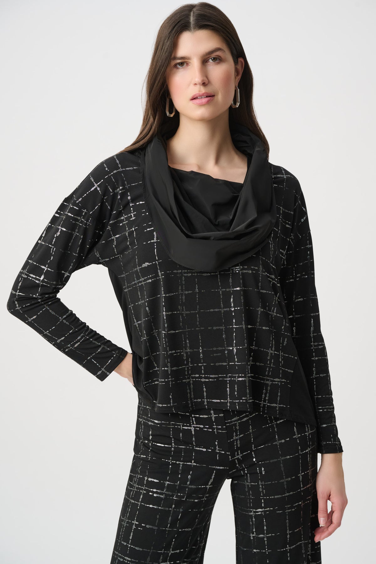 Joseph Ribkoff Plaid Cowl Collar Top in Black/Silver