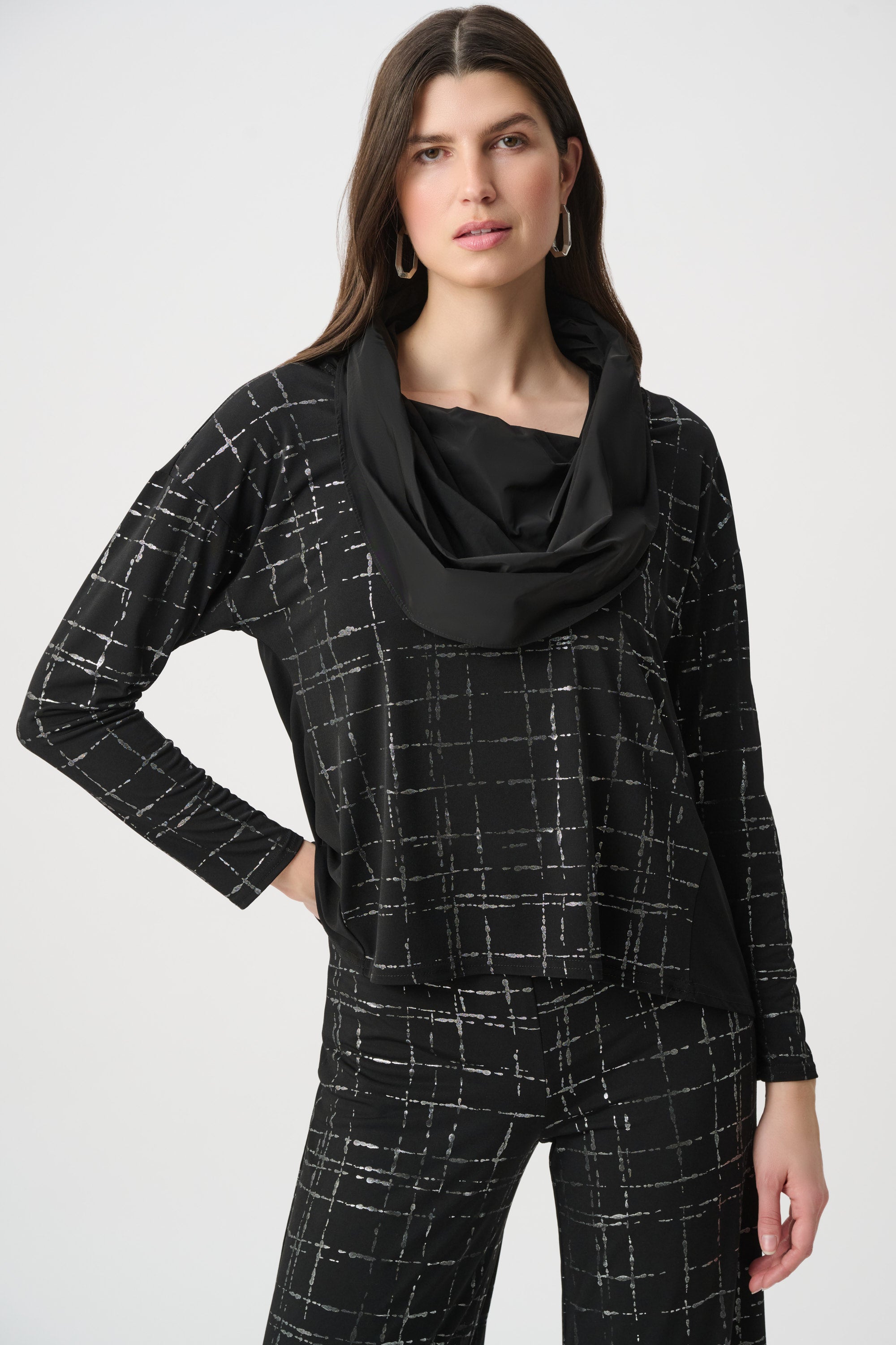 Joseph Ribkoff Plaid Cowl Collar Top in Black/Silver