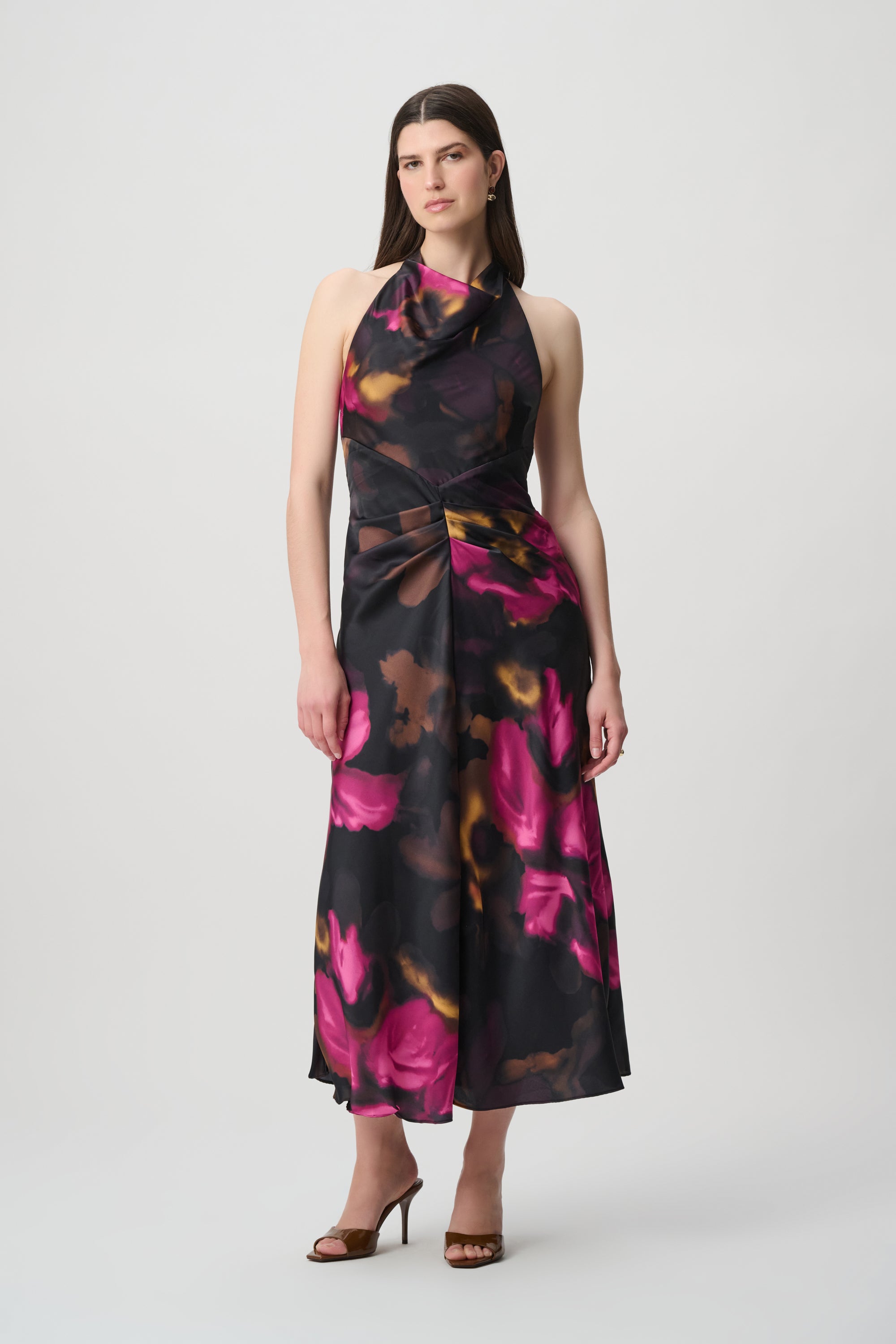 Joseph Ribkoff 264213 Floral Satin Halter Midi Dress, front view