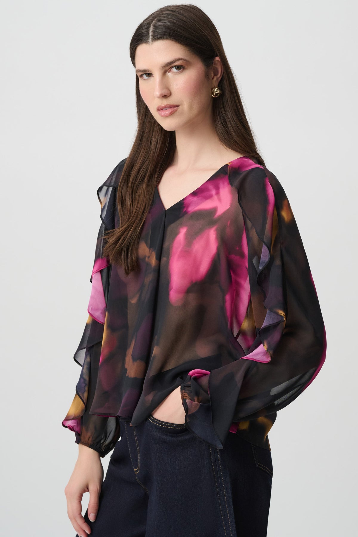 Joseph Ribkoff 264214 Floral Chiffon V-Neck Ruffle Top, front view