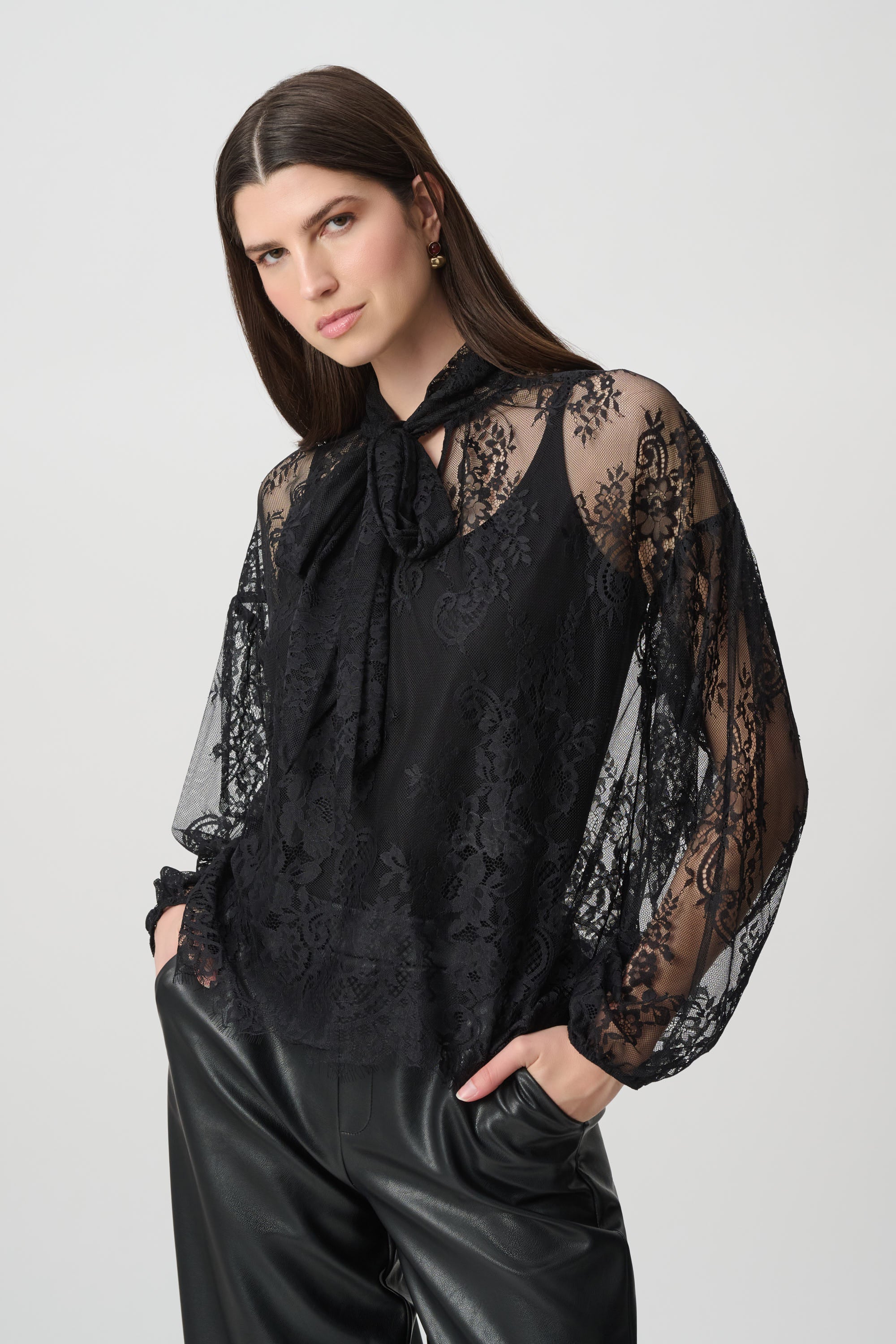 Joseph Ribkoff 264222 Lace Bow Neck Blouse, front view