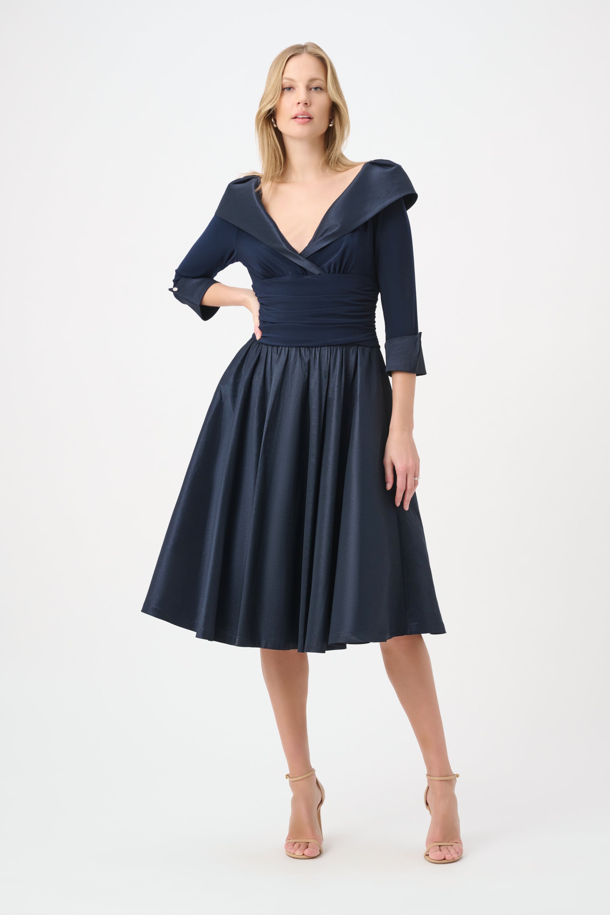 Joseph Ribkoff V-Neck Lapel Fit and Flare Dress in Midnight Blue