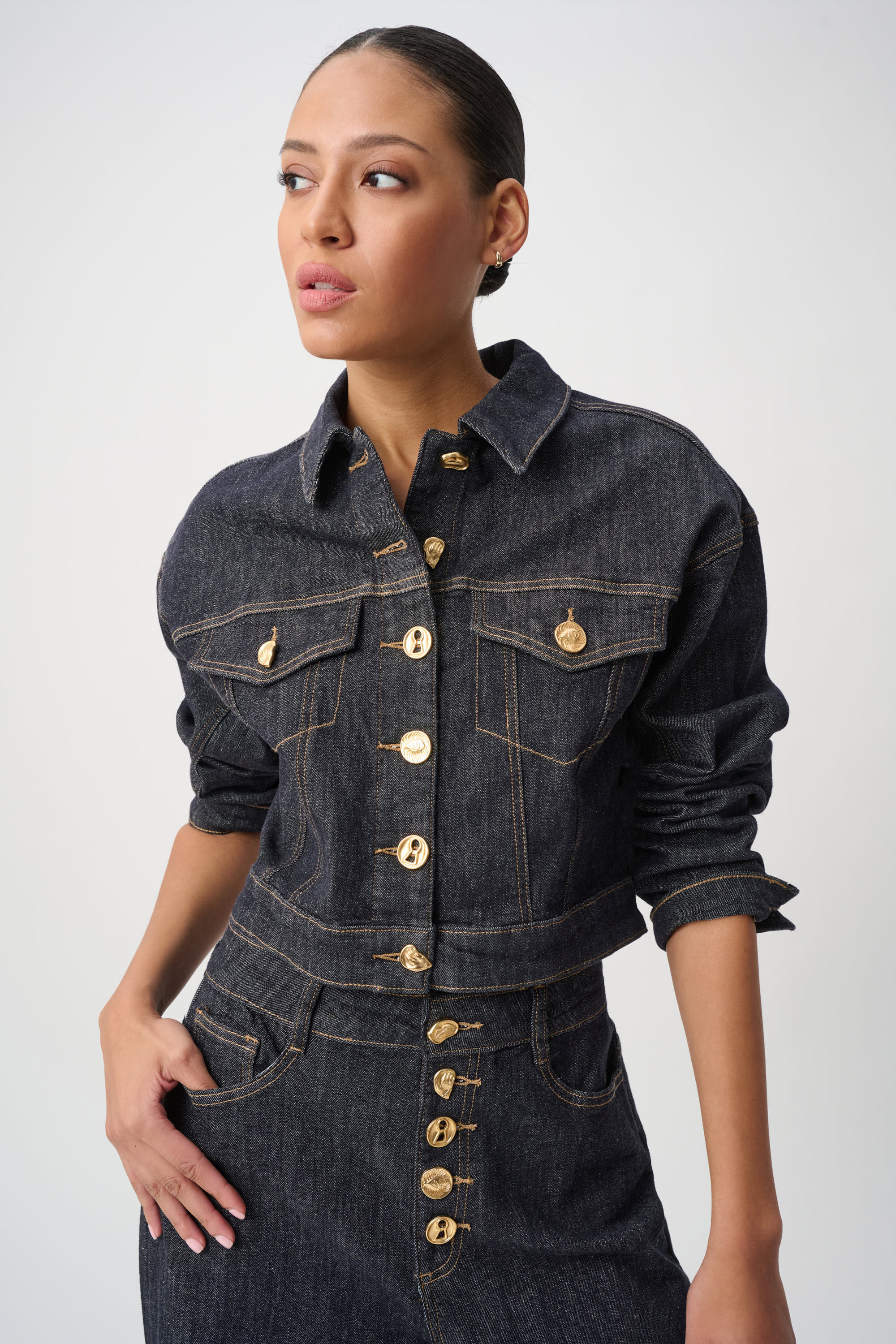 Joseph Ribkoff Statement Button Cropped Denim Jacket in Dark Denim Blue