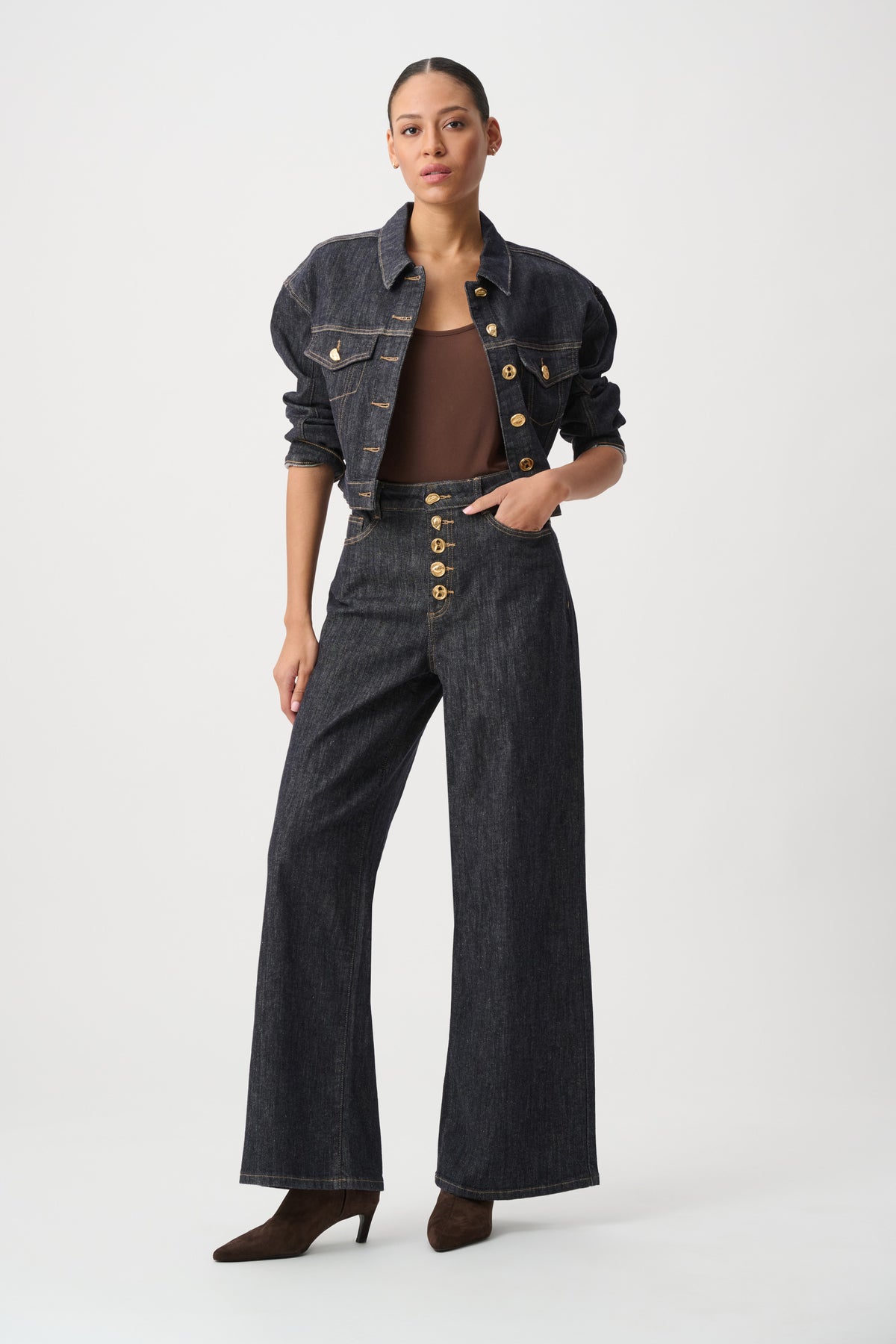 Joseph Ribkoff Statement High-Rise Palazzo Jeans in Dark Denim Blue