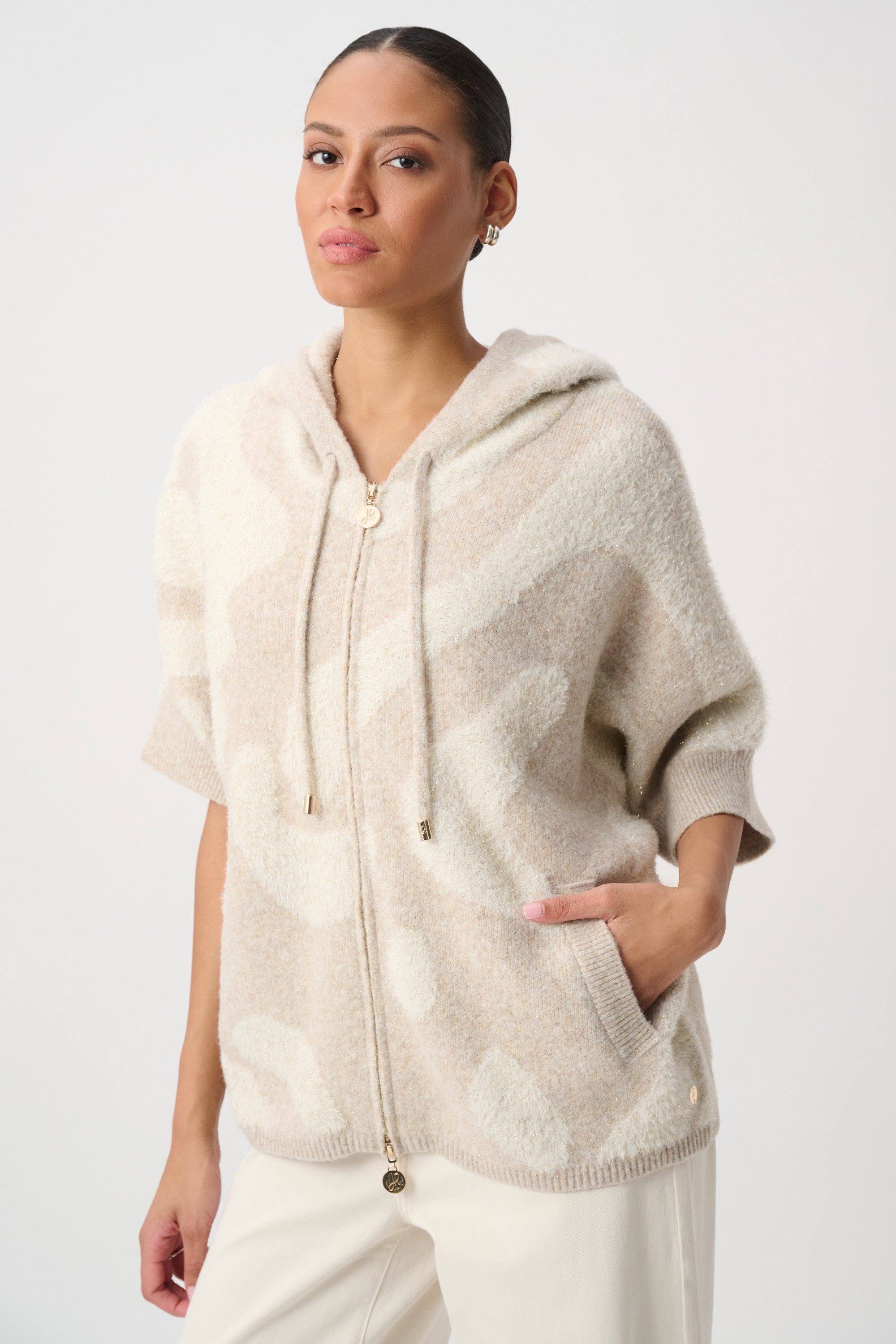 Joseph Ribkoff Hooded Animal Print Sweater in Oatmeal Melange/Gold