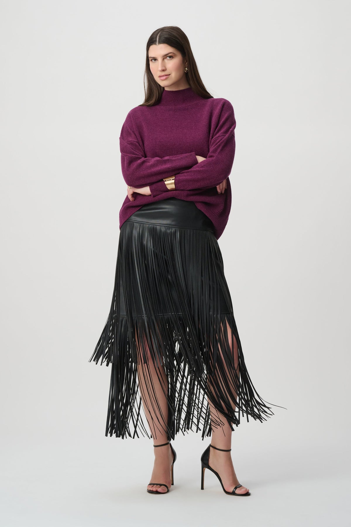 Joseph Ribkoff 264972 Leatherette Fringe Skirt, front view