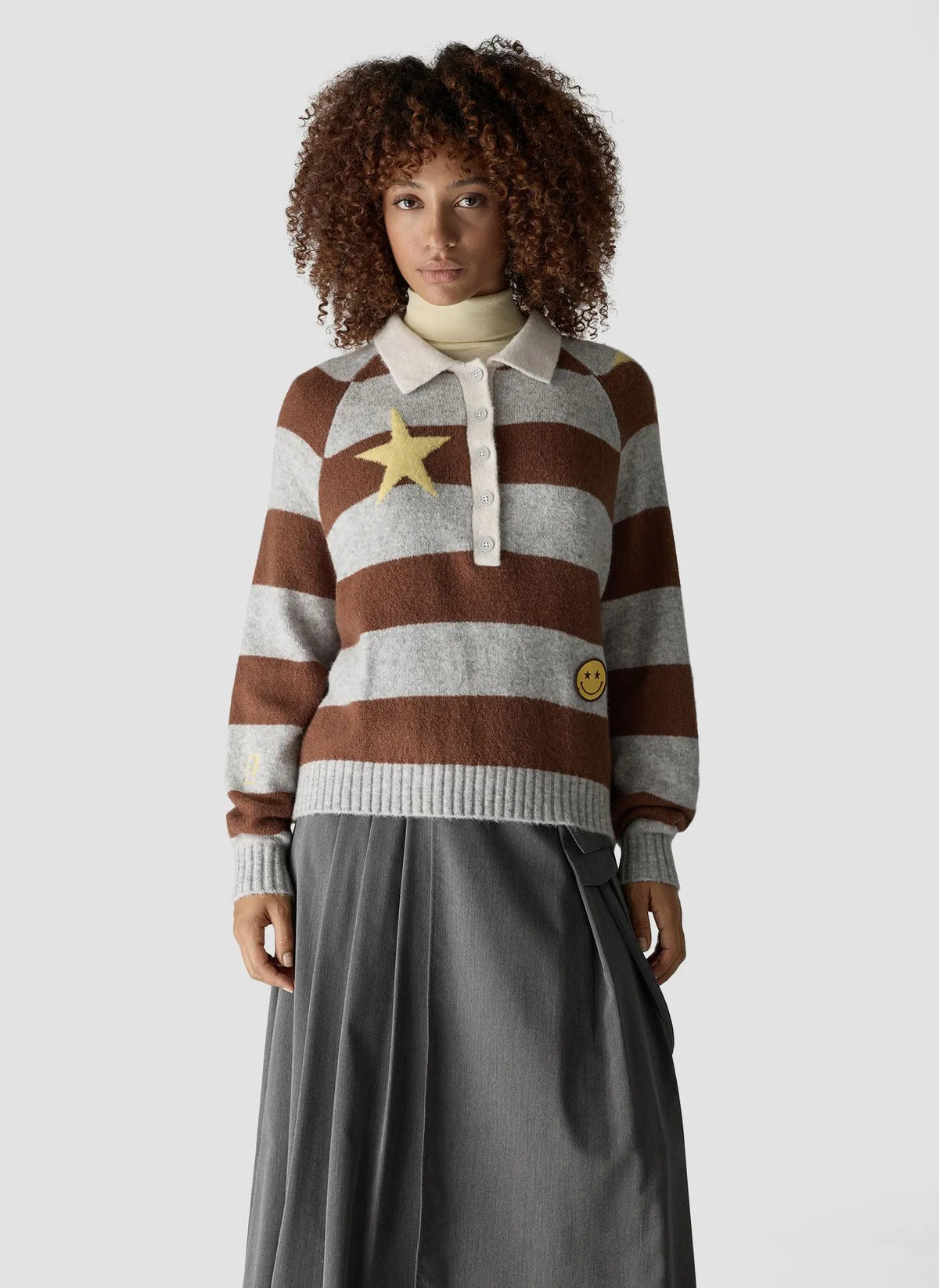 Grey striped polo sweater front