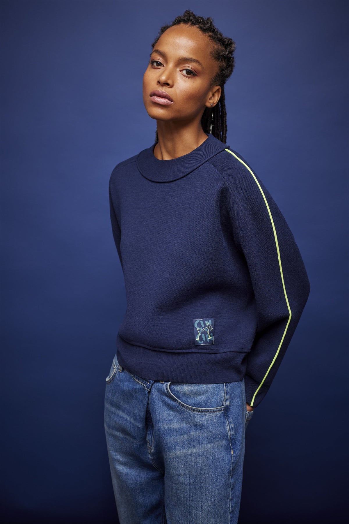 Le Comte 625623 navy jumper with lime sleeve piping