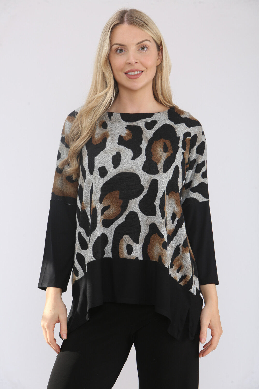 Black & Beige Animal Print Contrast Hem Tunic 6116-3772 — view 1