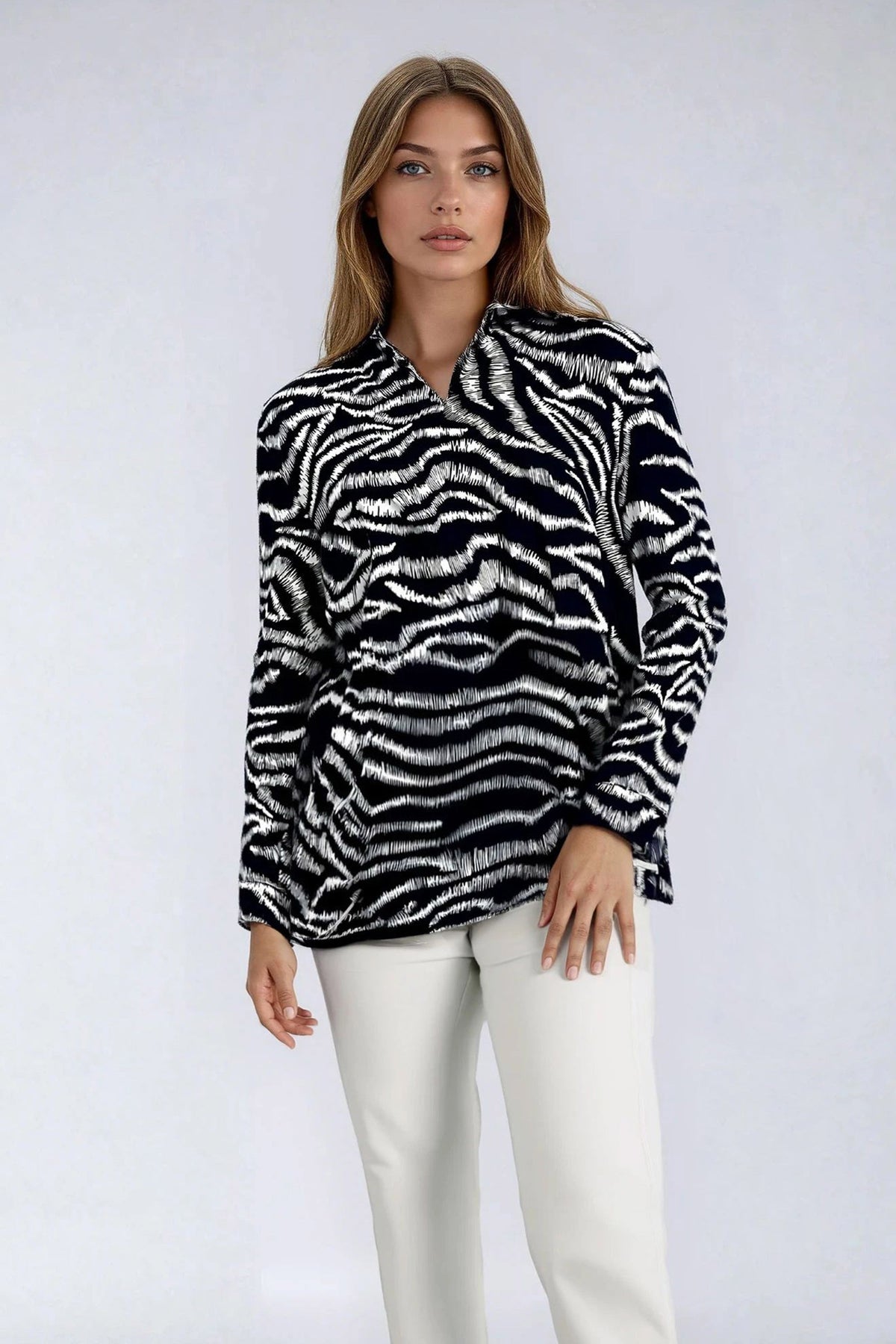 Black & Beige Animal Print Blouse 7600-A — view 1