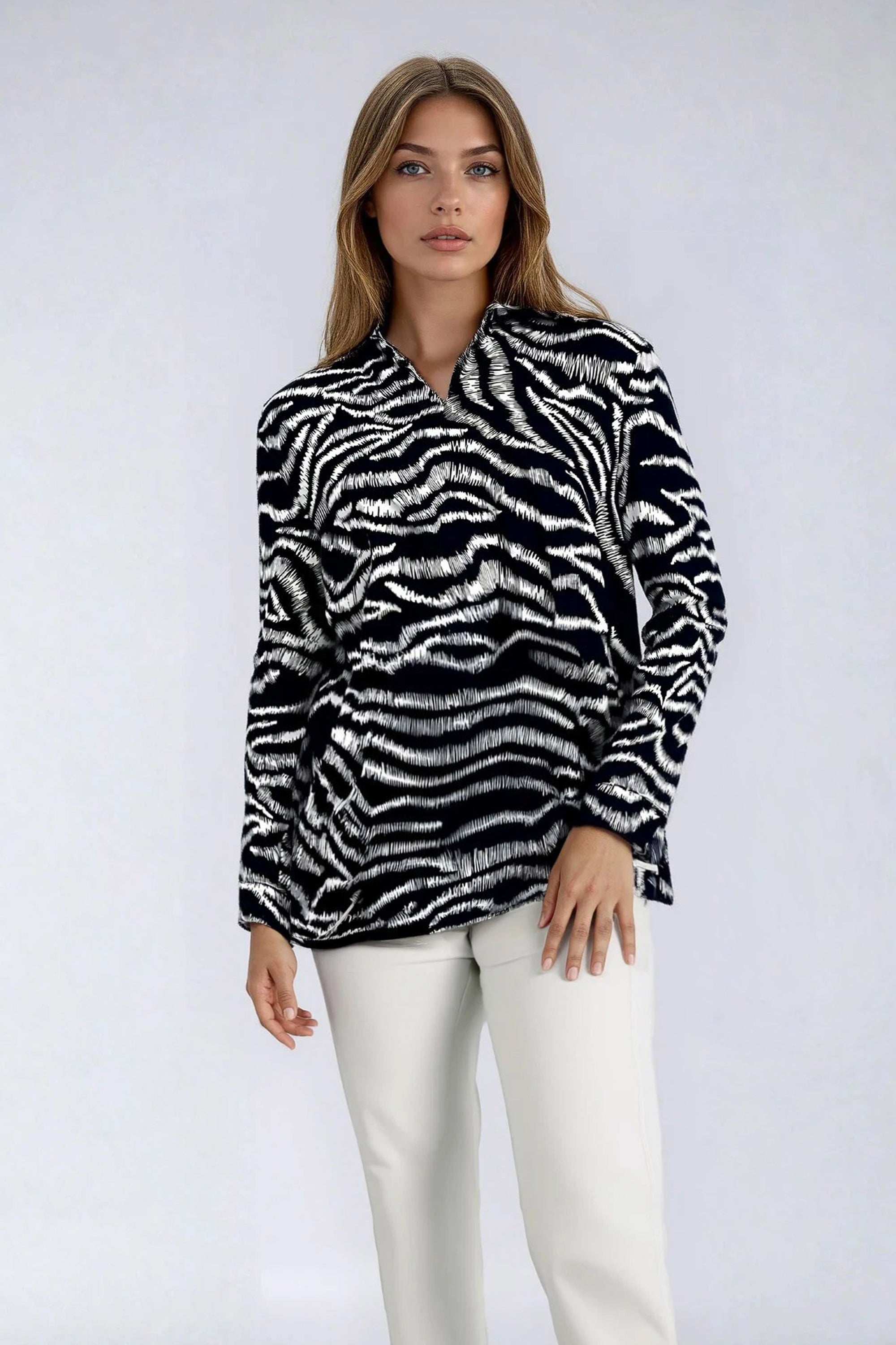 Black & Beige Animal Print Blouse 7600-A — view 1