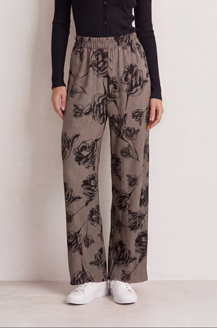 Dark Taupe Floral Crinkle Wide Leg Trousers 6075-3957 — view 1