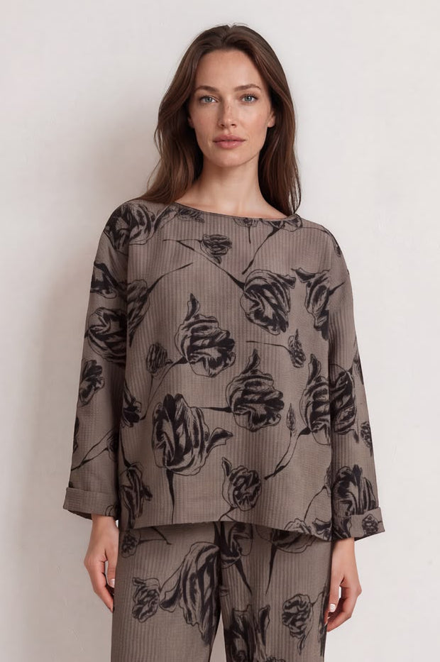 Dark Taupe Floral Crinkle Top 6178-3957 — view 1