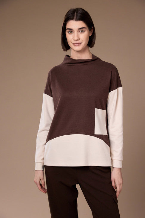 Brown and ecru colour-block top front view