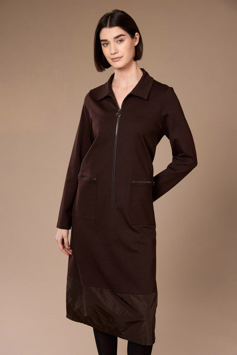Brown zip-front dress front view