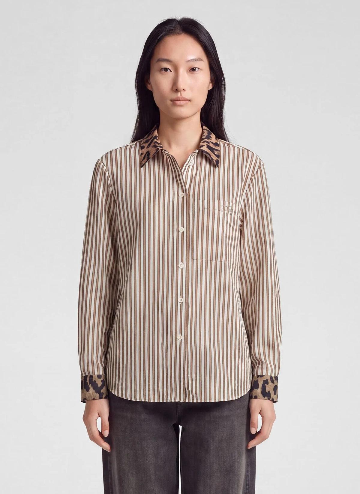 Rabe Taupe striped blouse with contrast collar and cuffs