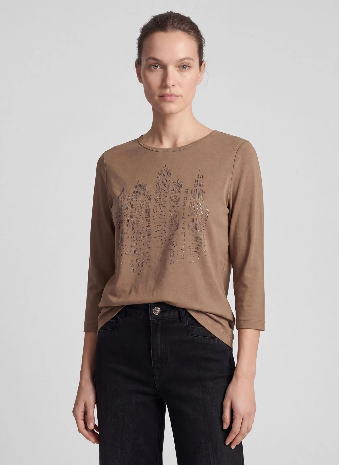 Rabe Taupe embellished cotton top with three quarter sleeves
