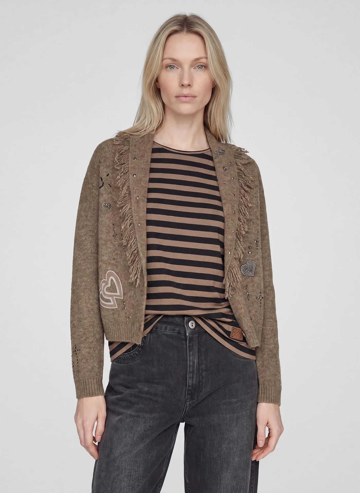 Mocha fringed embellished cardigan 123529 — front