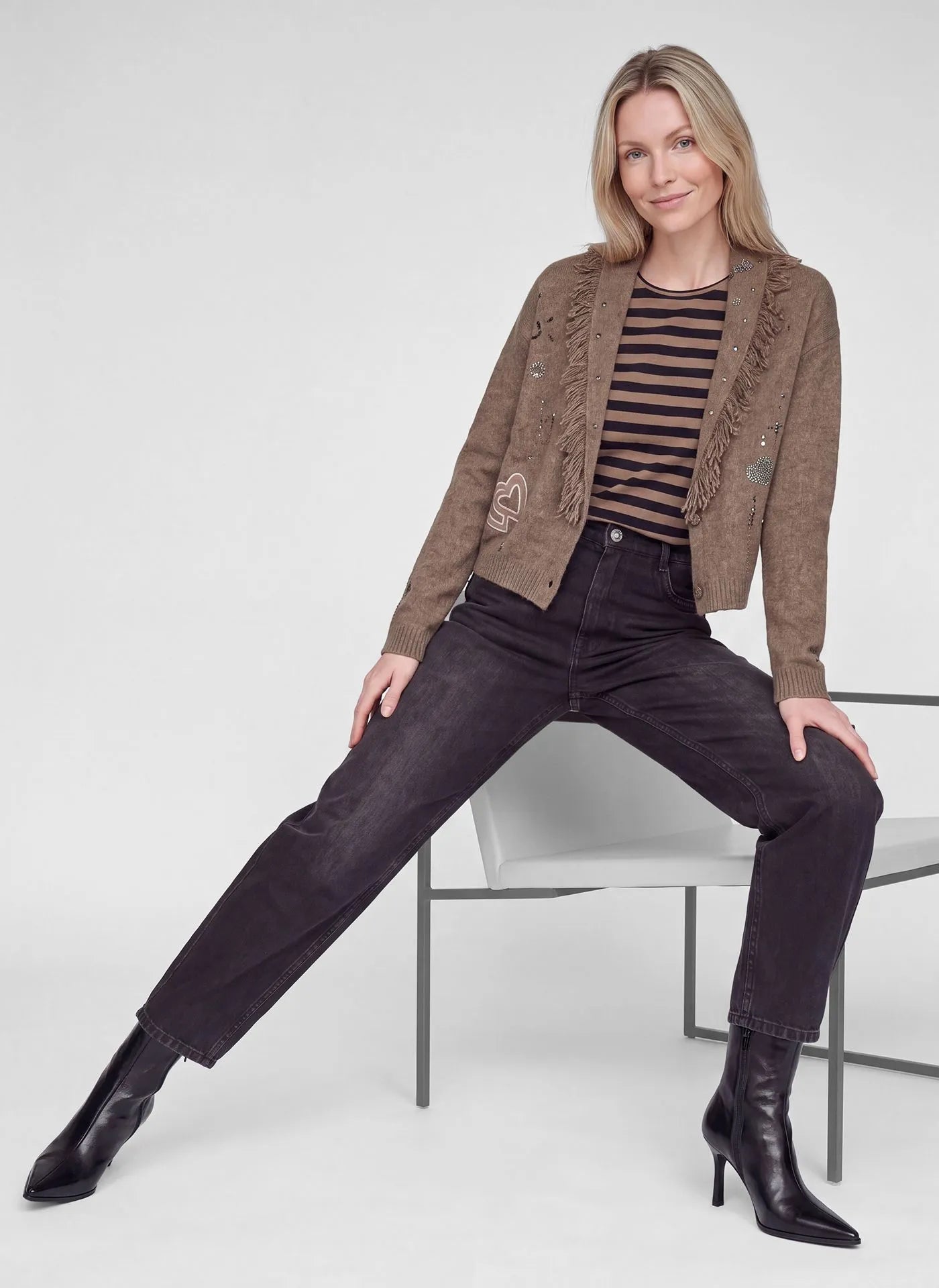 Mocha fringed embellished cardigan 123529 — styled