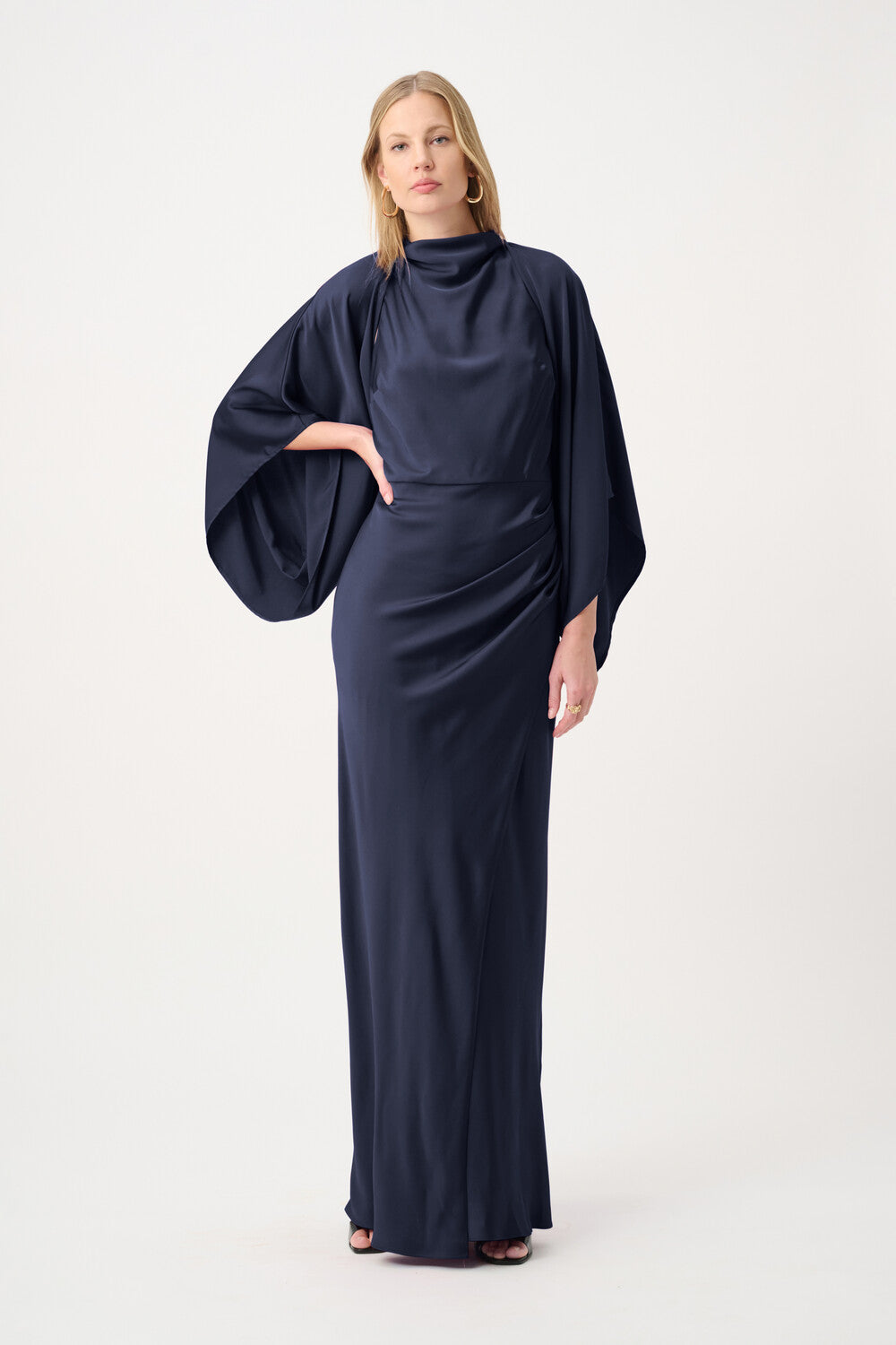 Dark navy satin cover-up front, styled over a dress
