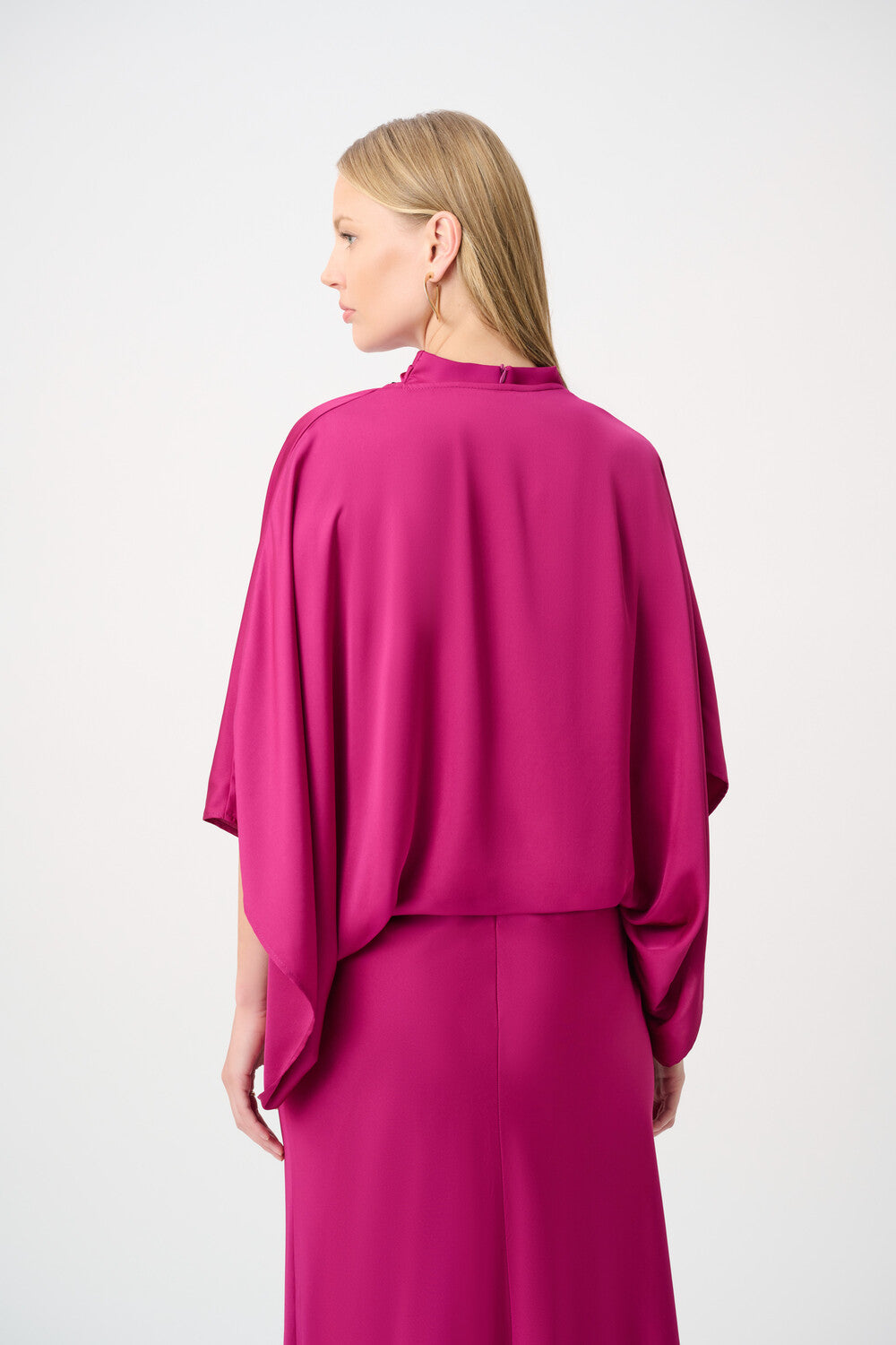 Magenta satin cover-up back, styled over a dress